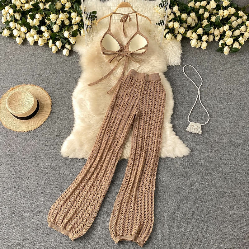 Crochet halter neck top with knitted pants set - Image 11