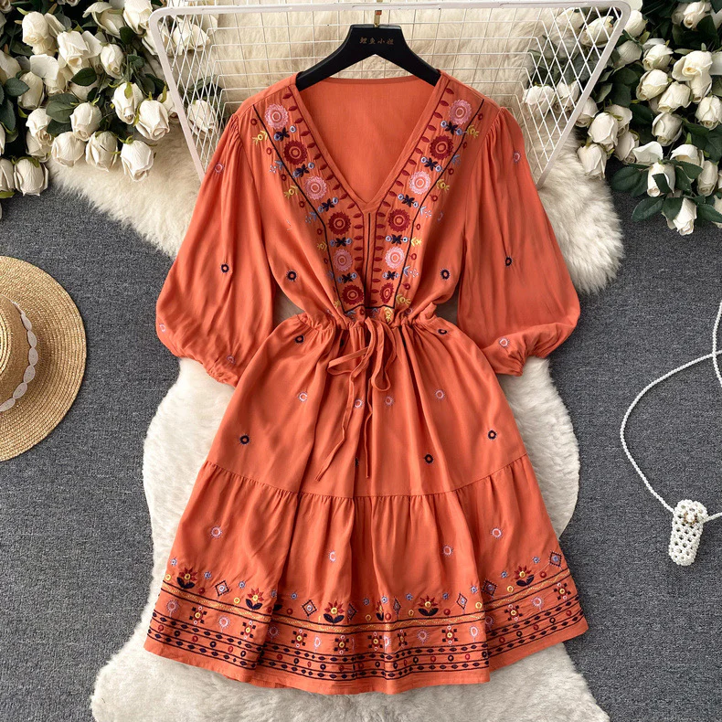 Embroidered V Neck Smock Dress - Image 3