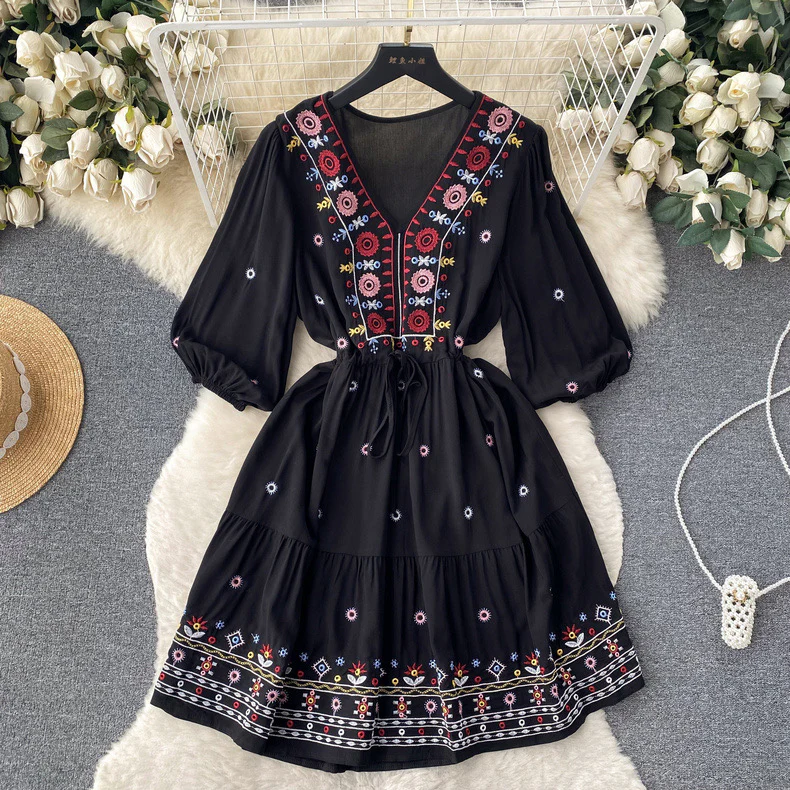 Embroidered V Neck Smock Dress - Image 4