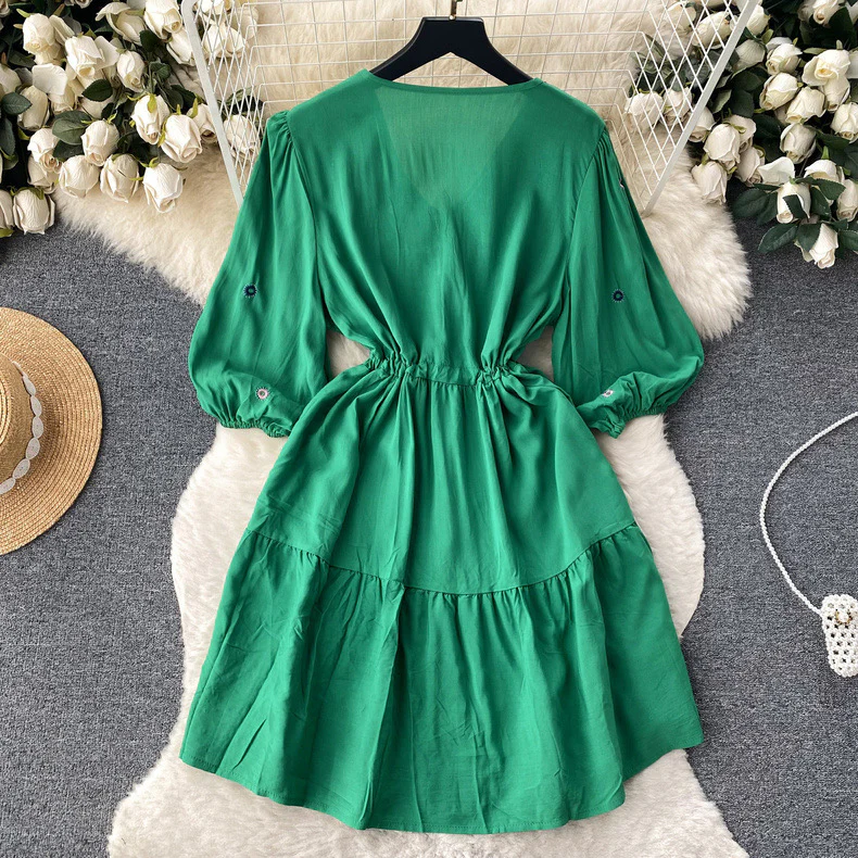 Embroidered V Neck Smock Dress - Image 5