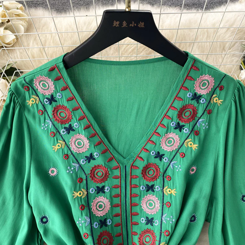 Embroidered V Neck Smock Dress - Image 6