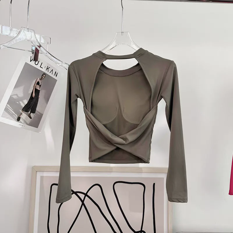 Jiuer Back Twist Built-In Bra Full Sleeves Top - Image 9