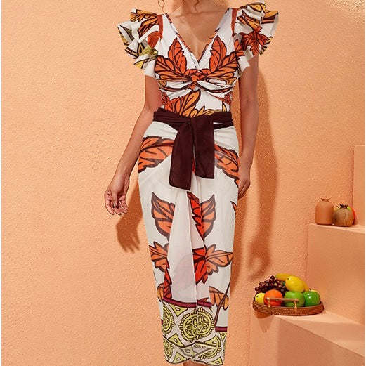 Maple Leaf Print Ruffle Swimsuit With Sarong - Image 4