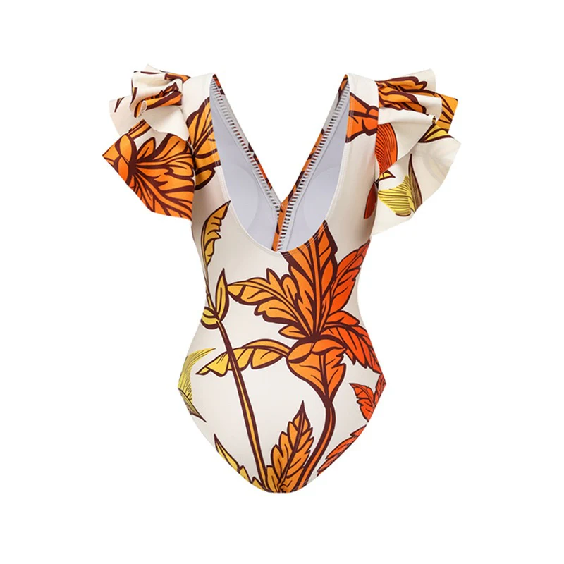 Maple Leaf Print Ruffle Swimsuit With Sarong - Image 6