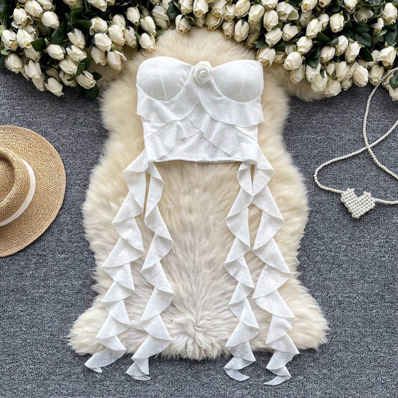 Rose Floral Lace Ruffle Crop Top - Image 3