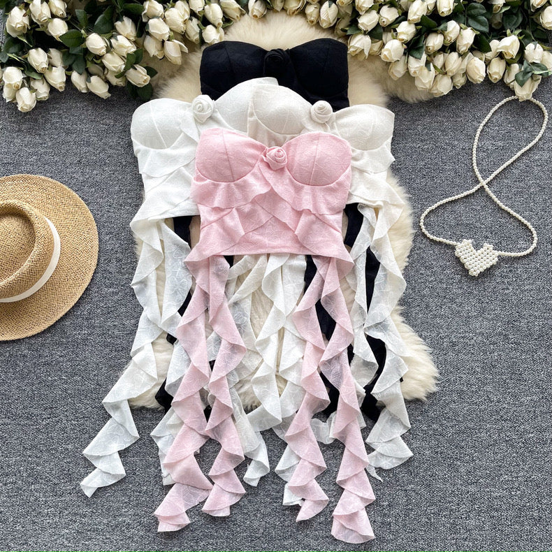 Rose Floral Lace Ruffle Crop Top - Image 4