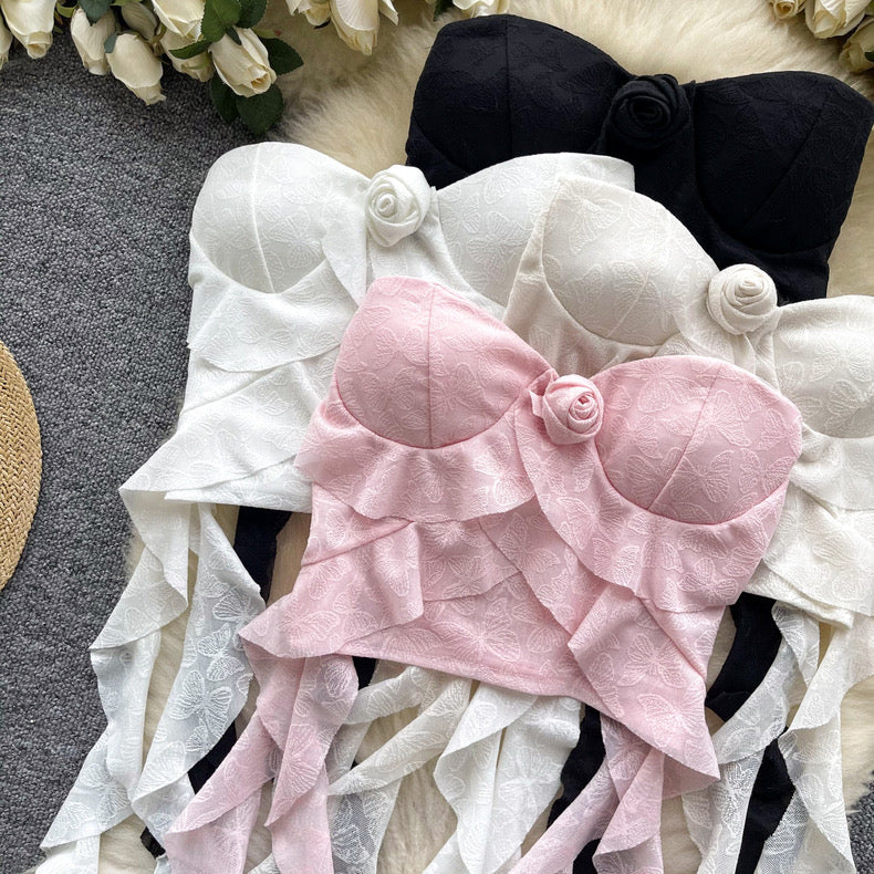 Rose Floral Lace Ruffle Crop Top - Image 7