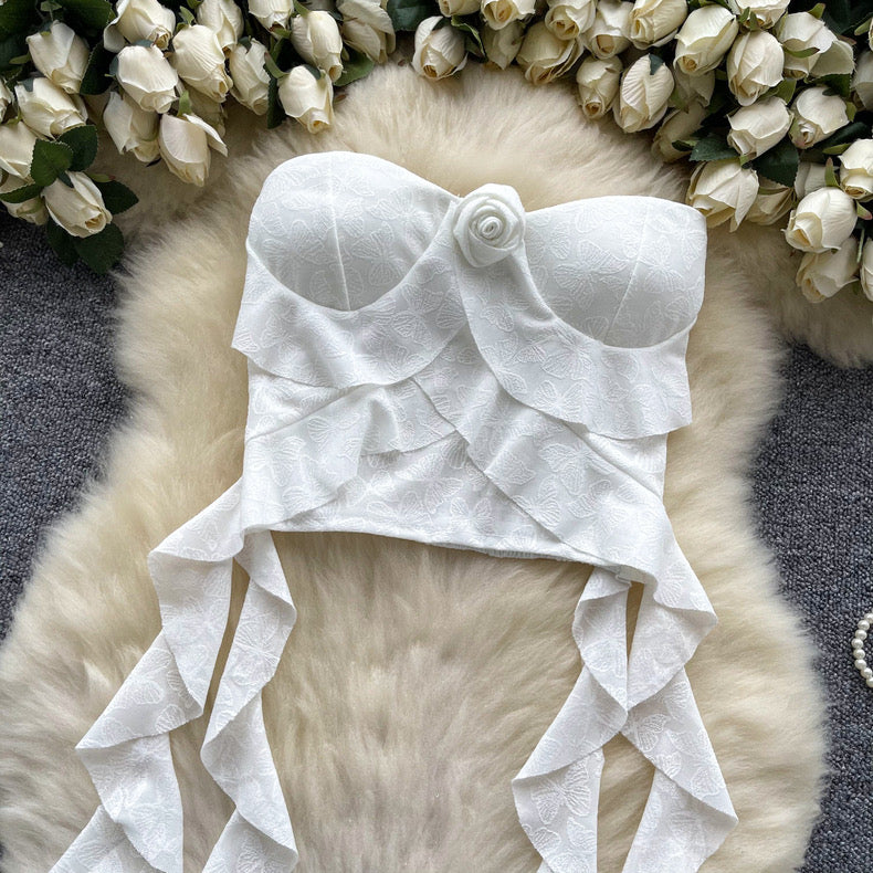 Rose Floral Lace Ruffle Crop Top - Image 8