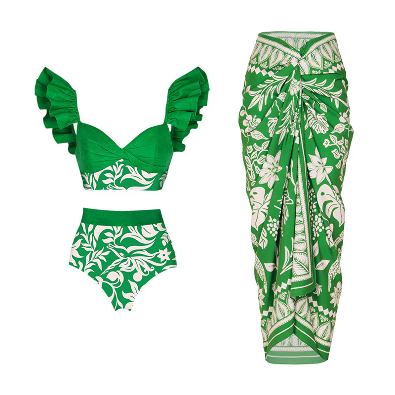 Sunfene Green Swimsuit with Sarong - Image 3